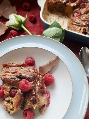 Chocolate Brioche Pudding with Raspberries