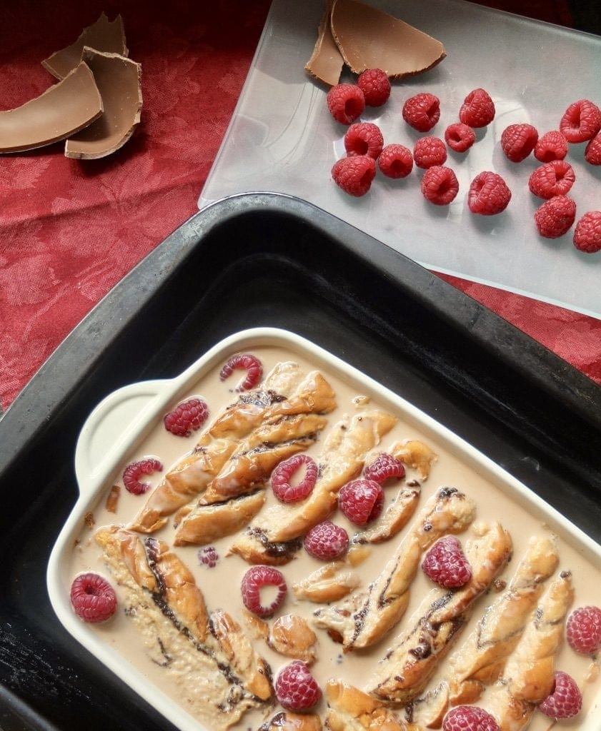 Chocolate Brioche Pudding with Raspberries