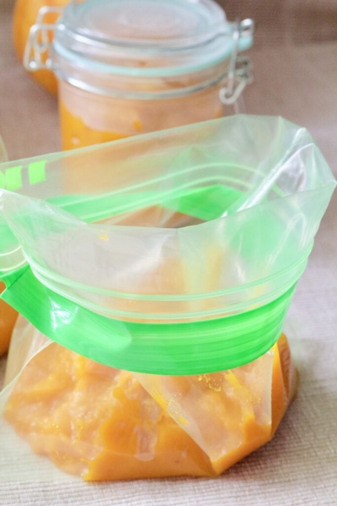 Pumpkin Puree in a plastic freezer bag.