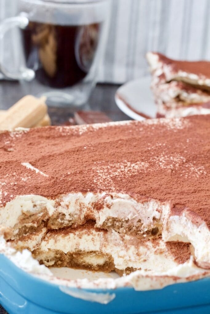 Easy Eggless Tiramisu - close up of Tiramisu in a dish