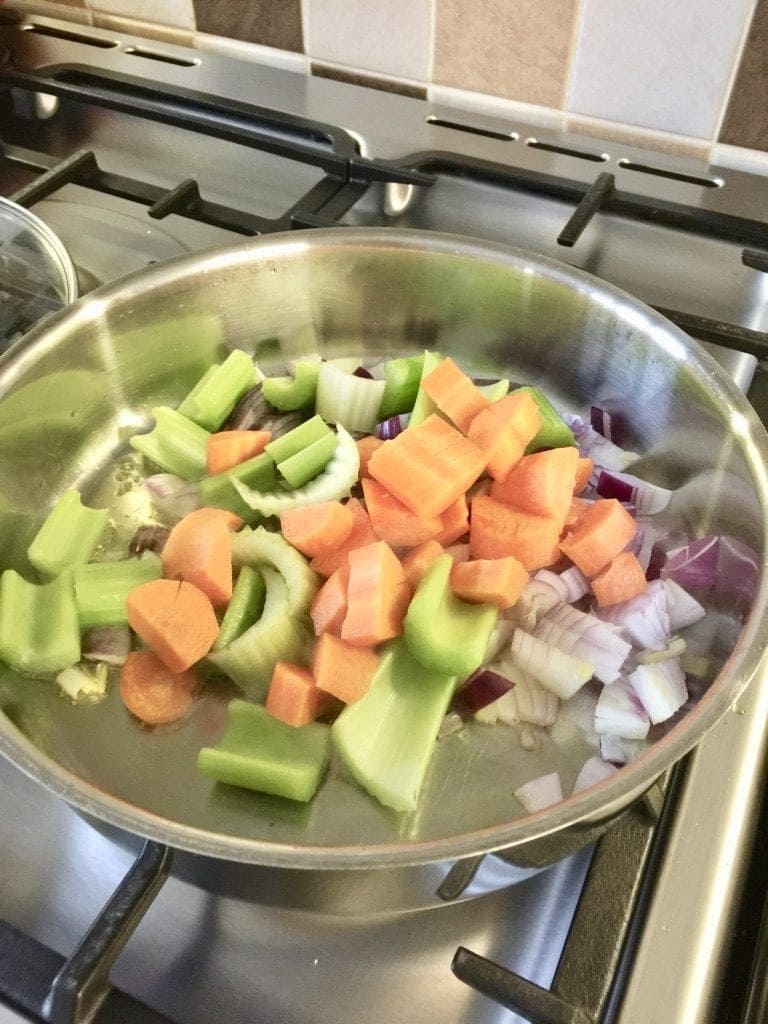 Chopped vegetables in a pan.