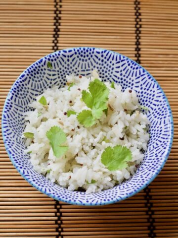 Bowl of garnished Easy Indian Rice.