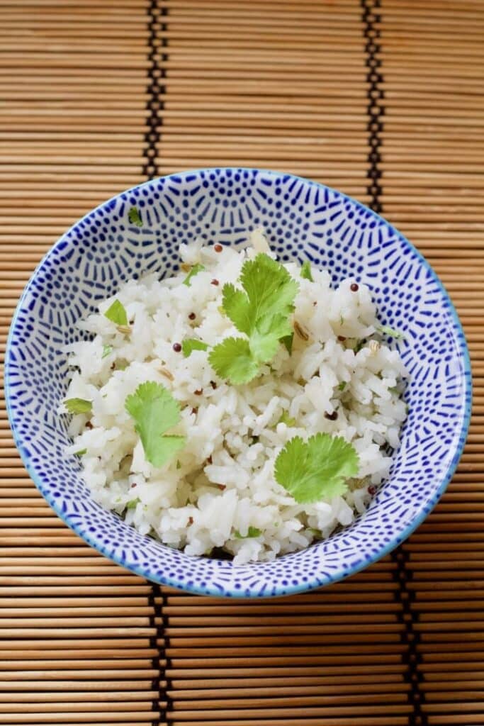 Bowl of garnished Easy Indian Rice.