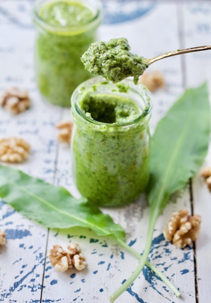 Wild Garlic & Walnut Pesto on a spoon.