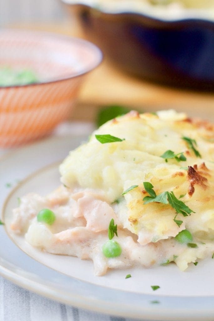 Close up of plated fish pie.