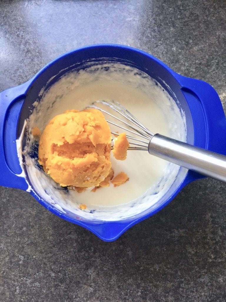 Pumpkin puree added to the yogurt mixture.