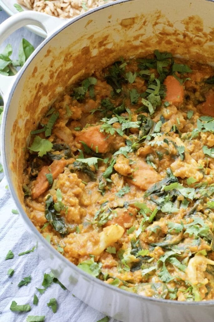 Easy Cauliflower & Lentil Curry - close up on pot full of curry