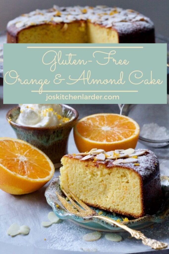 Gluten-Free Orange and Almond Cake slice with cake in the background PIN