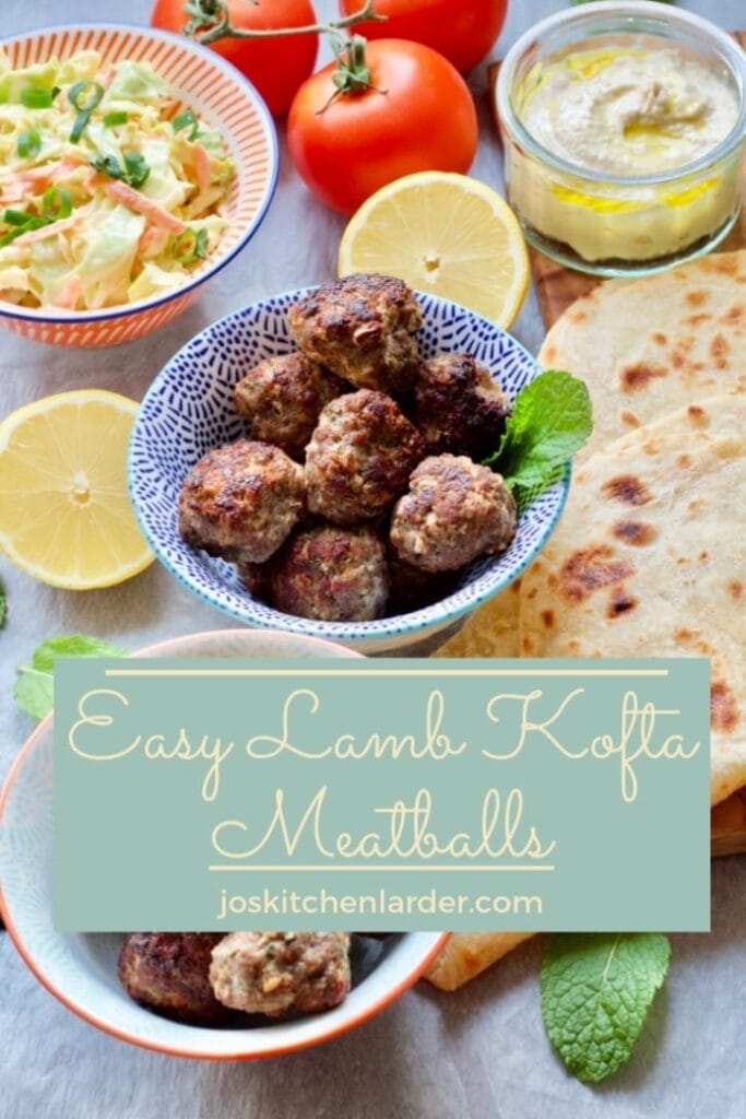Easy Lamb Kofta Meatballs served in a bowl with accompaniments