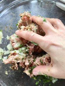 Easy Lamb Kofta Meatballs - meat mixing process by hand