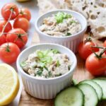 Smoked Mackerel Pate - pate served in ramekins with sliced cucumbers and cherry tomatoes around