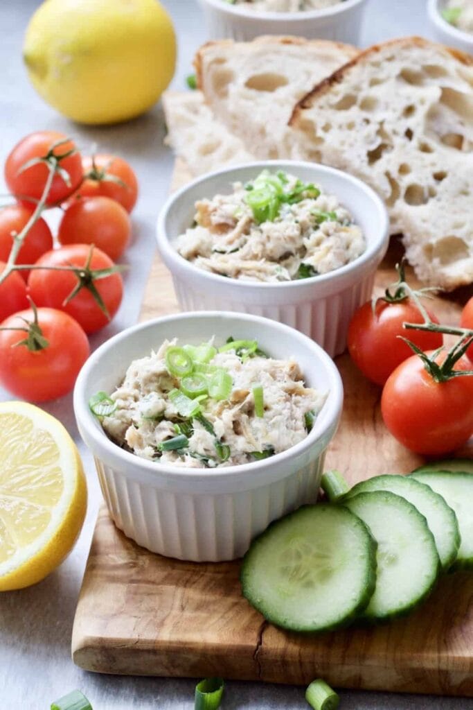 Smoked Mackerel Pate - pate served in ramekins with sliced cucumbers and cherry tomatoes around