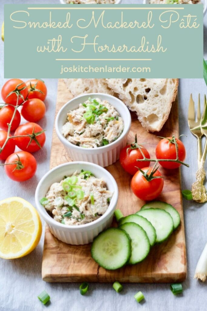 Smoked Mackerel Pate Pin - pate in ramekins on serving board with bread and veg garnishes