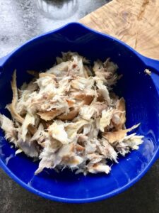 Smoked Mackerel Pate - skinned and flaked mackerel in a bowl