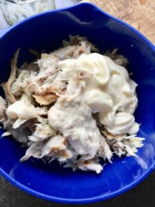 Smoked Mackerel Pate - mackerel in a bowl with mayo and horseradish added