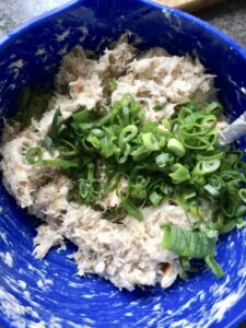 Smoked Mackerel Pate - green onions being added to the mackerel