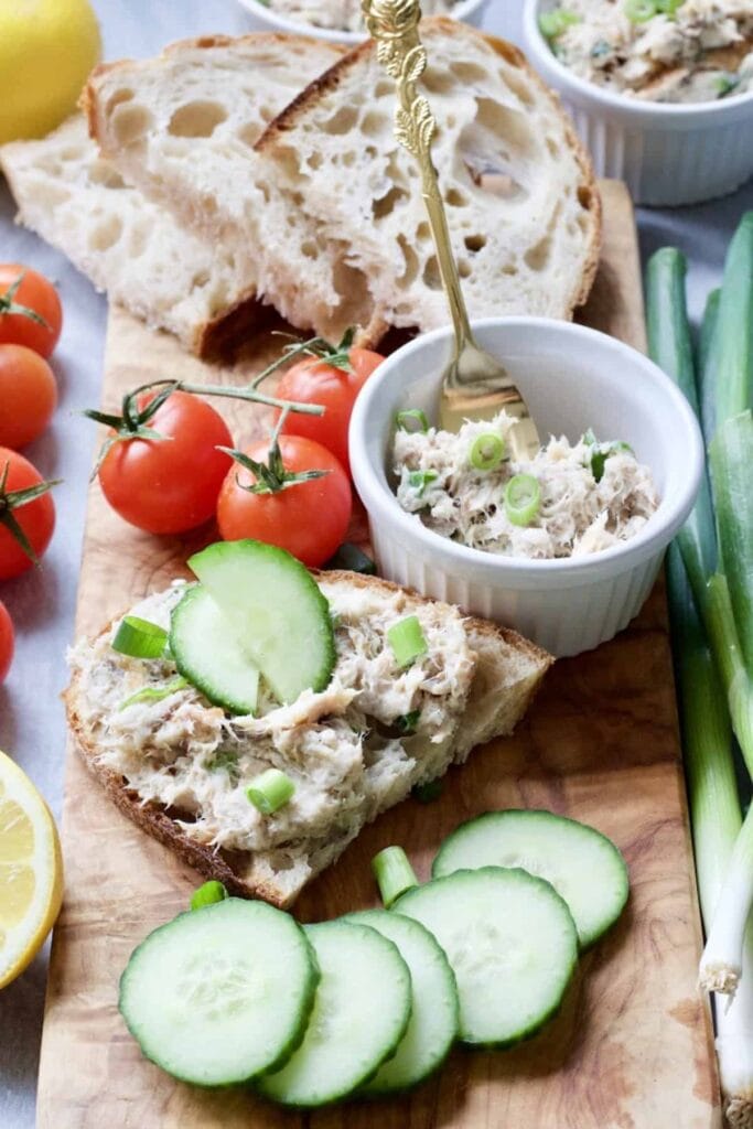 Smoked Mackerel Pate - Serving suggestion, pate spread on slice of sourdough