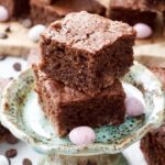 Chocolate Banana Cake square on a cake stand