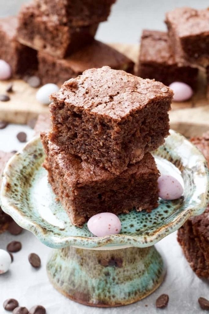 Chocolate Banana Cake square on a cake stand