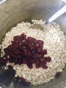 Oats and cranberries in a pan