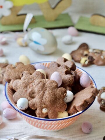 Chocolate Shortbread Cookies with Mini Eggs in a bowl