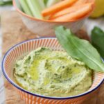 Wild Garlic Hummus in a bowl close up