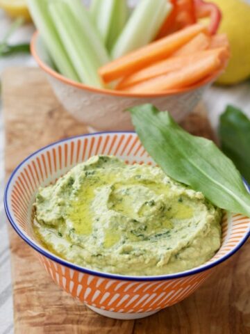 Wild Garlic Hummus in a bowl close up