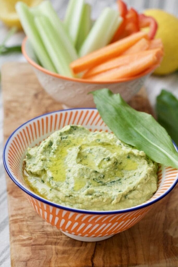 Wild Garlic Hummus in a bowl close up