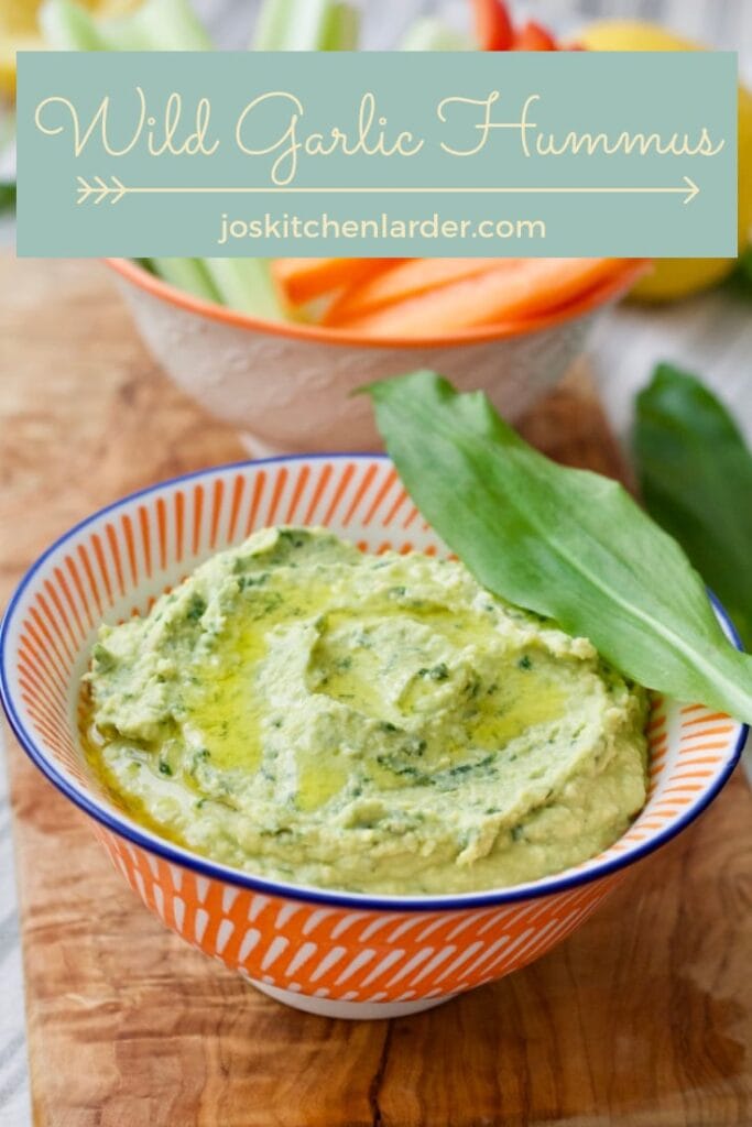 Wild Garlic Hummus in a bowl close up