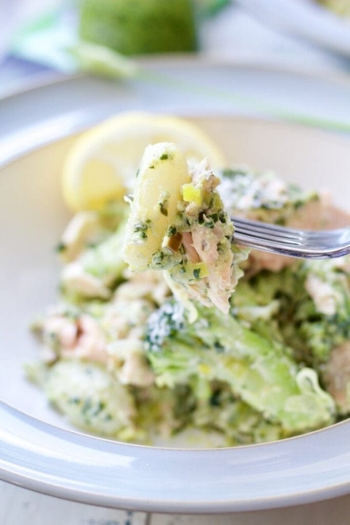 Wild Garlic Pesto Baked Salmon Gnocchi on a fork