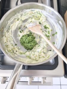 Leeks with Creme Fraiche and pesto in a pan