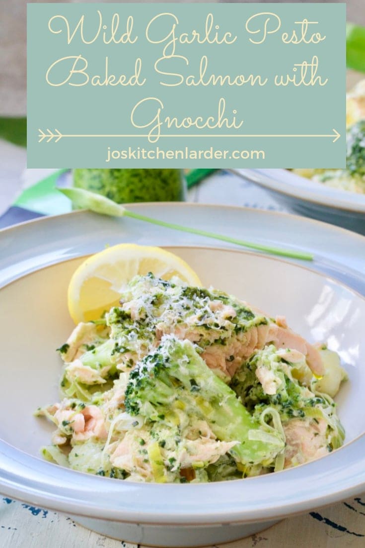 Wild Garlic Pesto Baked Salmon with Gnocchi couldn\'t be easier & quicker to make. Filling & wholesome, this seasonal dinner is ready in under half an hour! #wildgarlic #pesto #gnocchi #pasta #bakedsalmon #easyrecipe #midweekmeal #seasonalfood