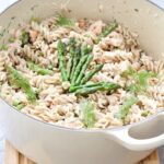 Pot with pasta, asparagus & dill.