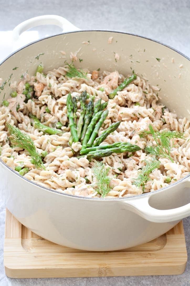 Pot with pasta, asparagus & dill.