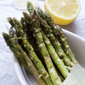 roasted asparagus in a dish close up