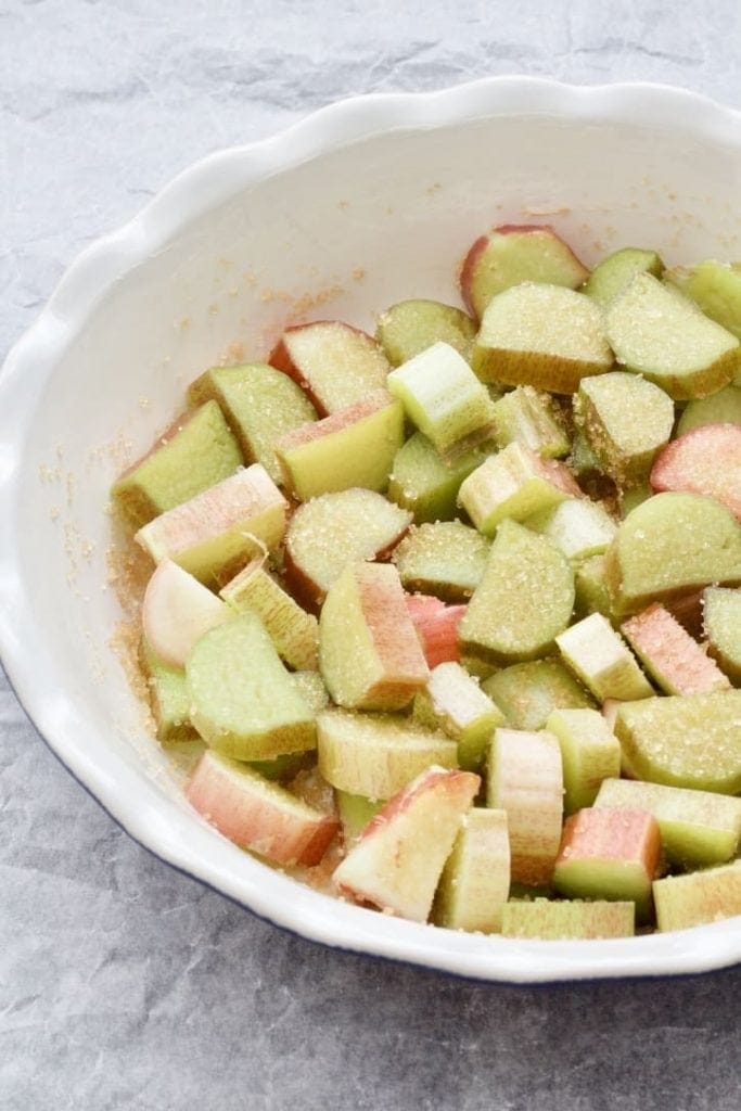 Rhubarb pieces in a dish.