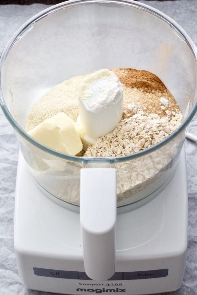 Crumble ingredients in the food processor.