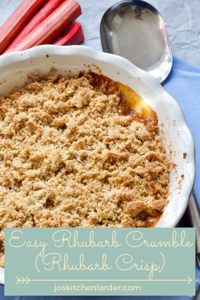 Rhubarb Crumble in a dish with serving spoon.