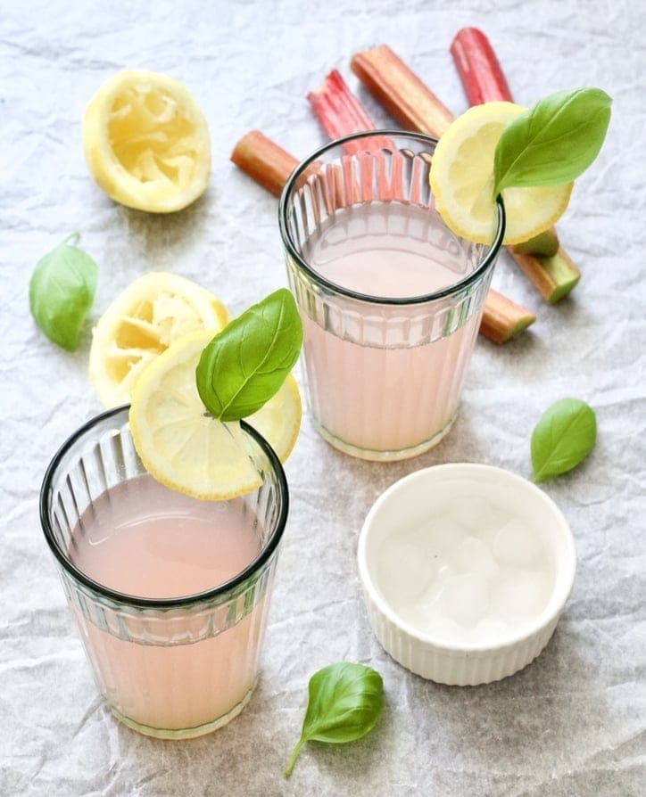 Glasses filled with rhubarb cordial.