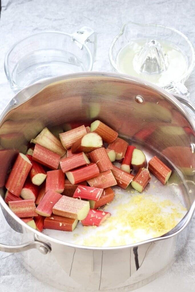 Stockpot with rhubarb chunks & sugar.