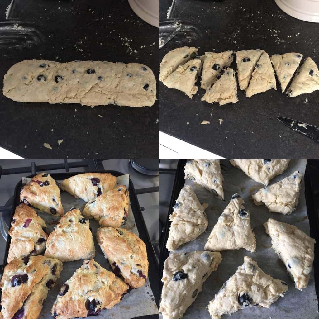 Blueberry scones in the making, shaping & baking.
