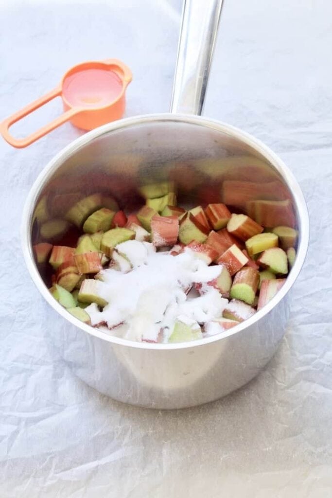 Rhubarb & sugar in a saucepan.