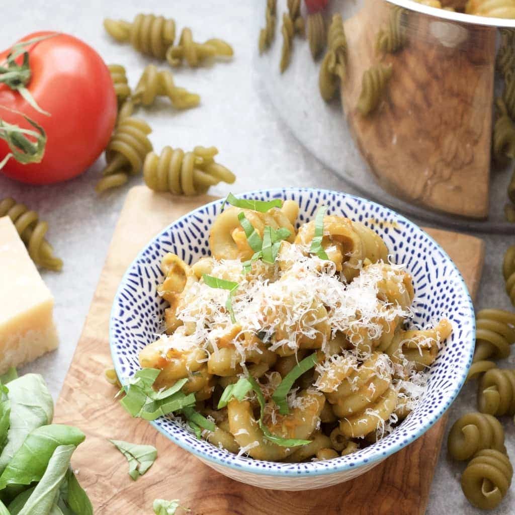 Close up of Roasted Tomato & Basil Pasta in a bowl.