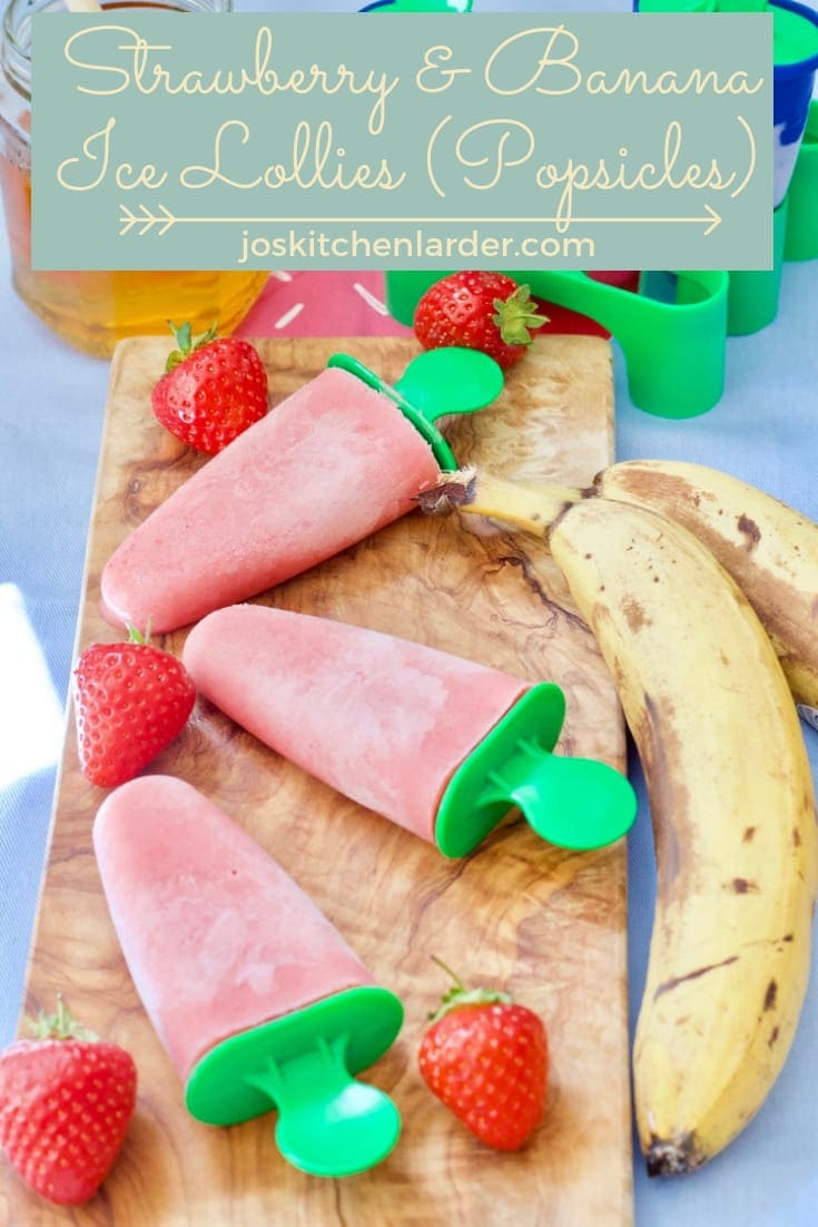 These Strawberry & Banana Ice Lollies (Popsicles) use seasonal strawberries, bananas, yogurt & touch of honey. Wholesome, refined sugar free & so delicious! #strawberryicelollies #bananaicelollies #yogurticelollies #popsicles #strawberrybananapopsicles #healthyicelollies #refinedsugarfreeicelollies