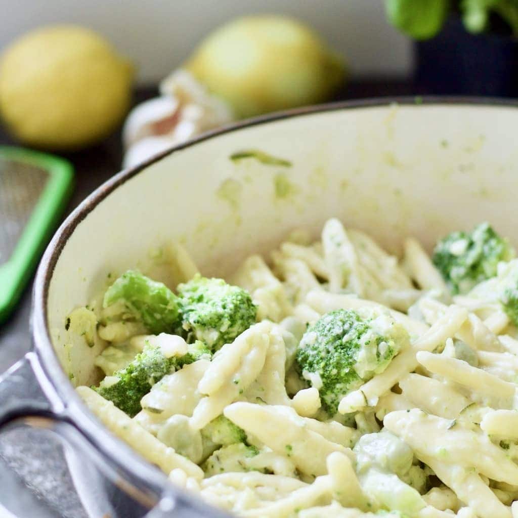 Pasta Primavera in a pan, close up.