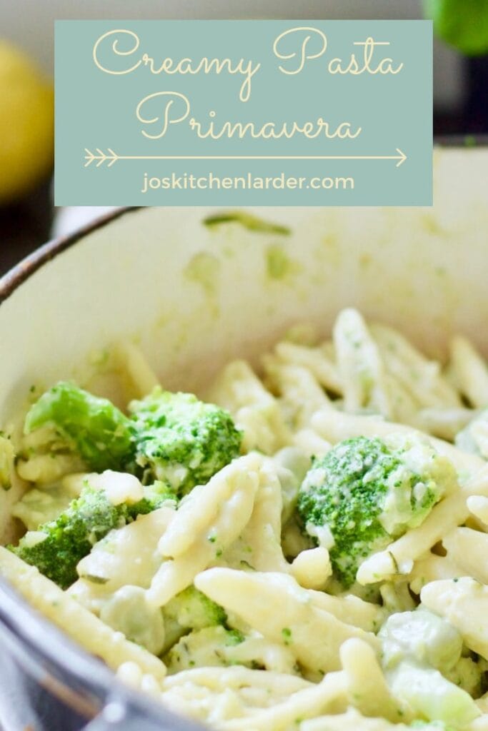 Pasta Primavera in a pan, close up.