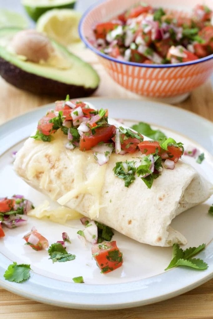 Pulled Pork Burrito with salsa on a plate.