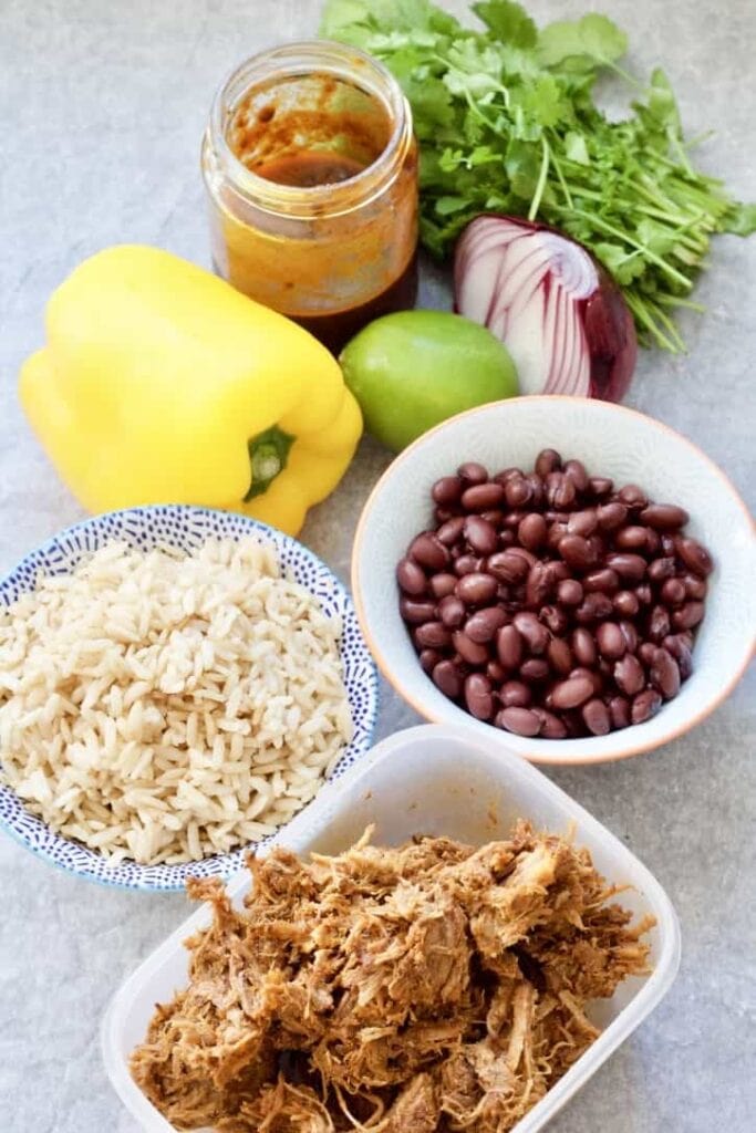 Ingredients for pulled pork burritos.