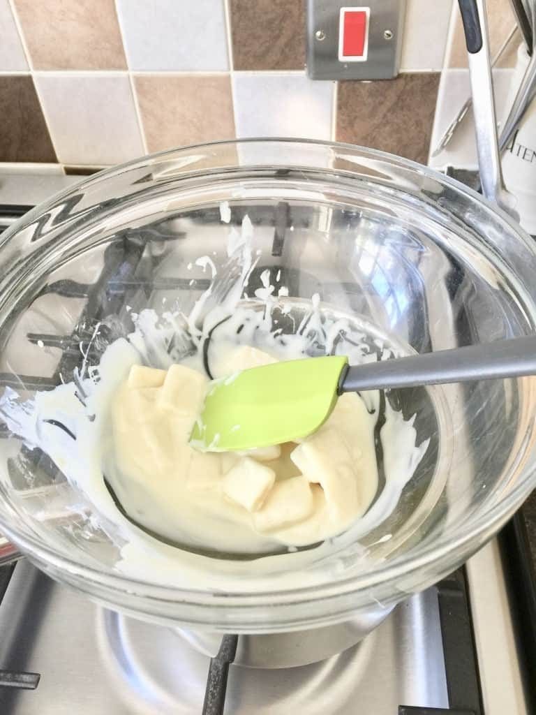 White chocolate being melted in bain-marie.