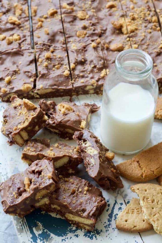 Rocky Road squares with a bottle of milk.